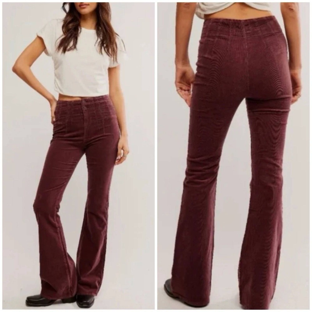 Free People Jayde High Rise Flare Leg Corduroy Pants Size 32 Chocolate‎ Truffle
